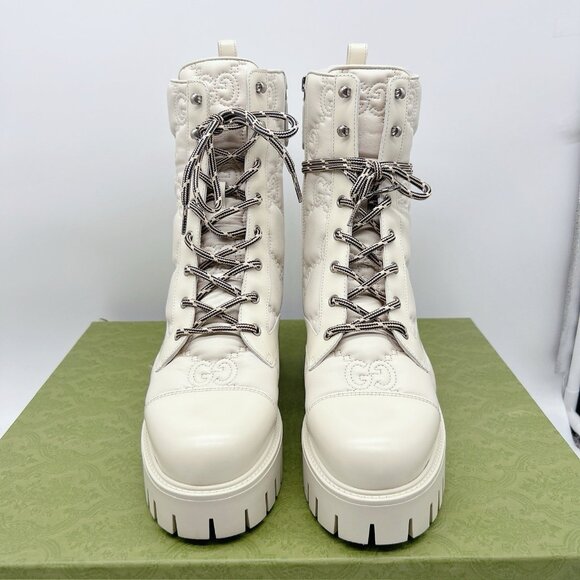 Gucci Marmont GG Interlock Embossed Lace Up Boots White Leather Platform EU 41 - Picture 4 of 13
